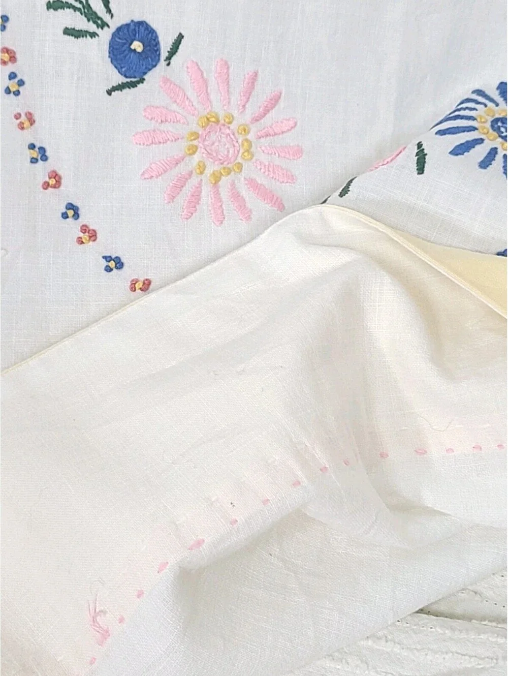 Vintage 1940s Tablecloth Hand Embroidered Art Deco 100% Cotton Summer Quilt Ooak